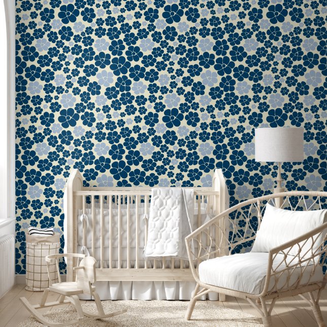 Flower Pattern - Dark Blue, Light Blue and Cream Wallpaper (Kids)