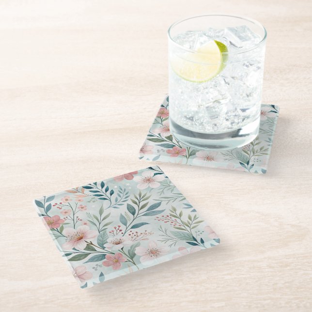 Flower Pattern Drawing Pastel Glass Coaster (Angled)
