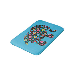 Flower Pattern Elephant on Blue Bath Mat