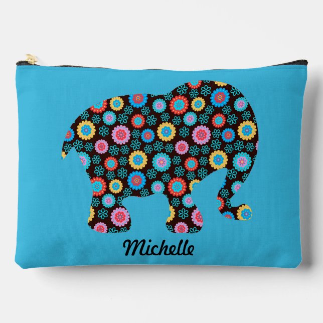 Flower Pattern Elephant on Blue Personalised Accessory Pouch (Front)
