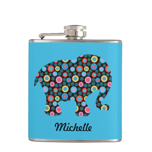 Flower Pattern Elephant on Blue Personalised Hip Flask (Front)