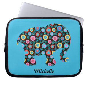 Flower Pattern Elephant on Blue Personalised Laptop Sleeve