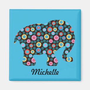 Flower Pattern Elephant on Blue Personalised Magnet