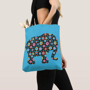 Flower Pattern Elephant on Blue Tote Bag