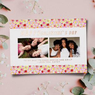 Flower Pattern Galentine`s Day Friends 2 Photo  Foil Holiday Card