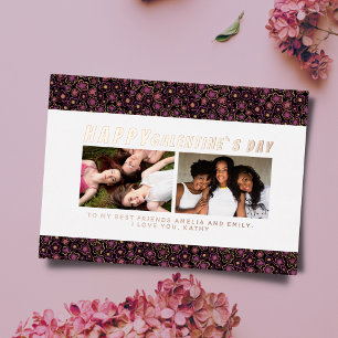 Flower Pattern Galentine`s Day Friends 2 Photo Foil Holiday Card
