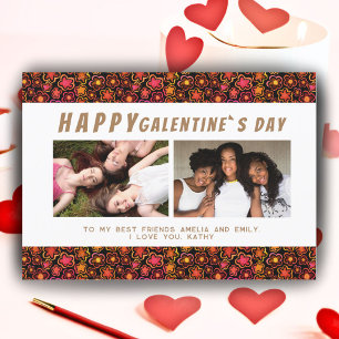 Flower Pattern Galentine`s Day Friends 2 Photo  Holiday Card