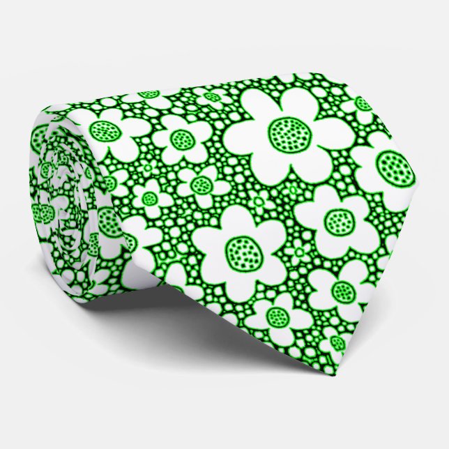 Flower Pattern - Green, Black and White Tie (Rolled)