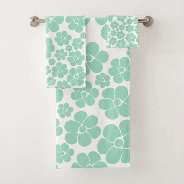 Flower Pattern - Green (Mint) Bath Towel Set (Insitu)