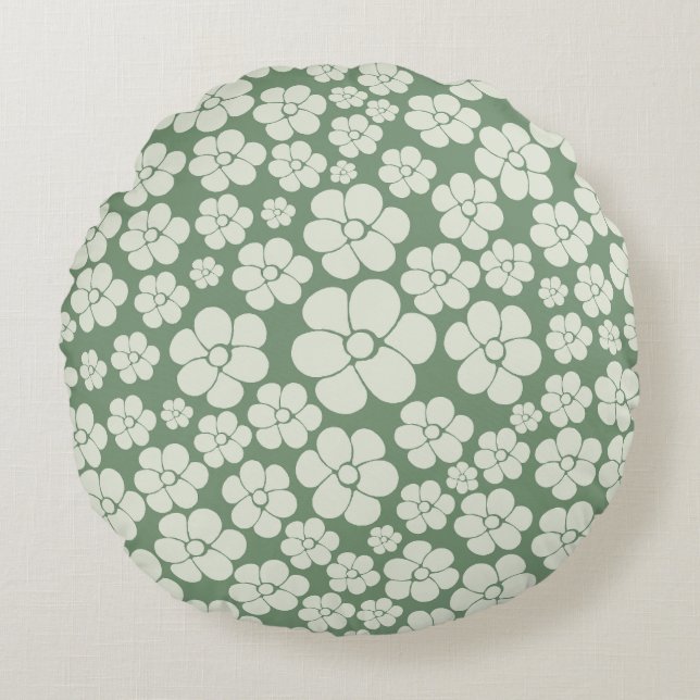 Flower Pattern - Green Round Cushion (Front)
