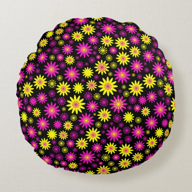 Flower Pattern - Hot Pink, Yellow and Black Round Cushion (Front)