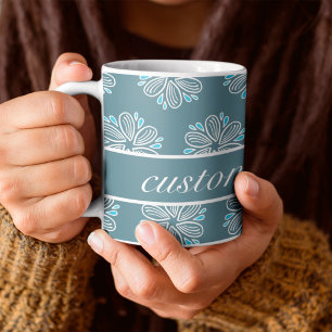 Flower Pattern in blue and white with text Coffee Mug