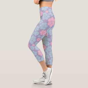 Flower Pattern in Blue, Lilac, and Pink Capri Leggings