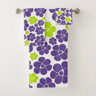 Flower Pattern in Lime Green and Purple Bath Towel Set