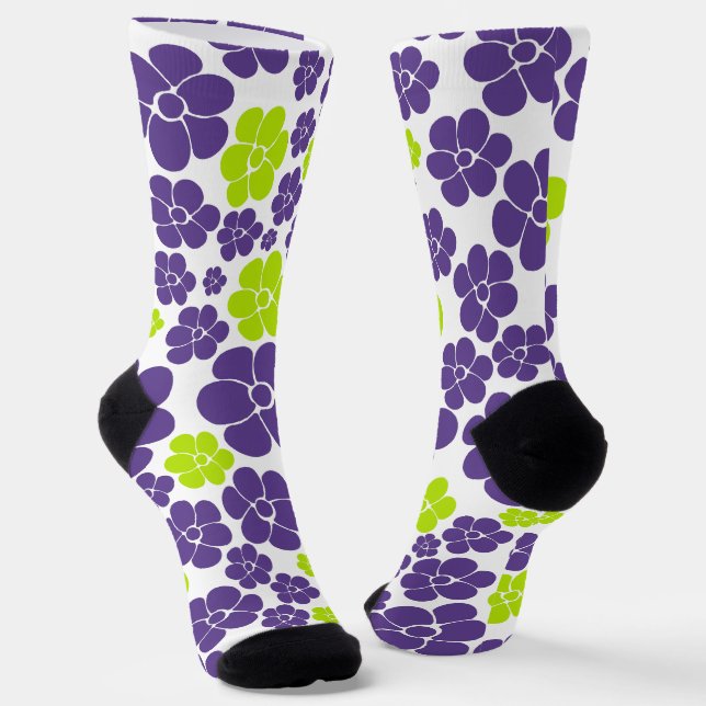 Flower Pattern in Lime Green and Purple Socks (Angled)