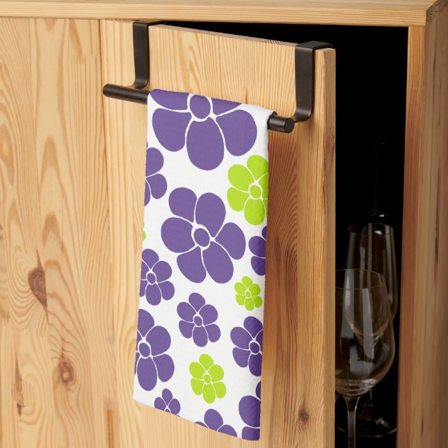 Flower Pattern in Lime Green and Purple Tea Towel (Thirds Fold)