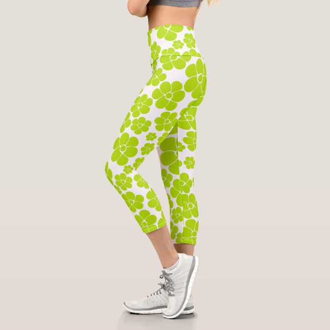 Flower Pattern in Lime Green and White  Capri Leggings (Left)
