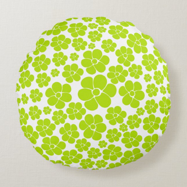 Flower Pattern in Lime Green and White  Round Cushion (Front)