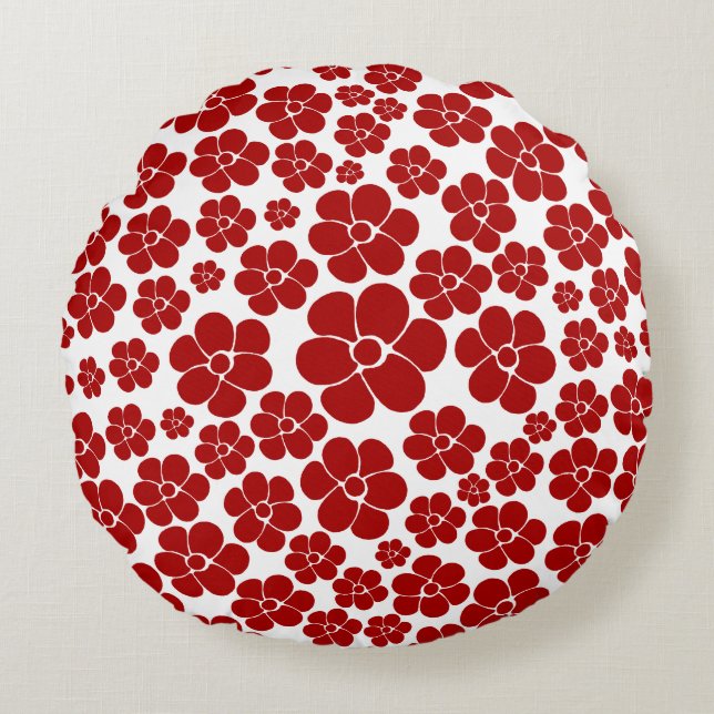 Flower Pattern in Red and White Round Cushion (Front)