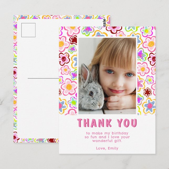 Flower Pattern Kids Girl Photo Birthday Thank you Postcard (Front/Back)