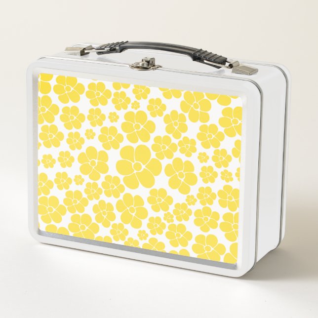 Flower Pattern - Lemon Yellow and White Metal Lunch Box (Front)
