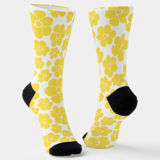 Flower Pattern - Lemon Yellow and White Socks (Angled)