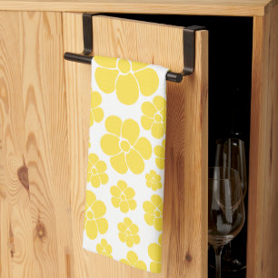 Flower Pattern - Lemon Yellow and White Tea Towel