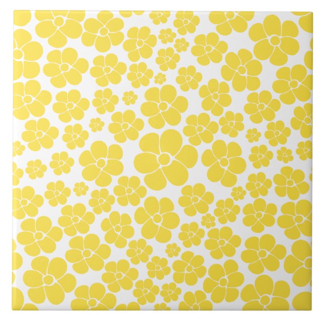 Flower Pattern - Lemon Yellow and White  Tile (Front)