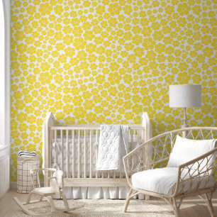 Flower Pattern - Lemon Yellow and White  Wallpaper