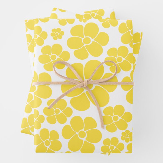 Flower Pattern - Lemon Yellow and White Wrapping Paper Sheet (In situ)