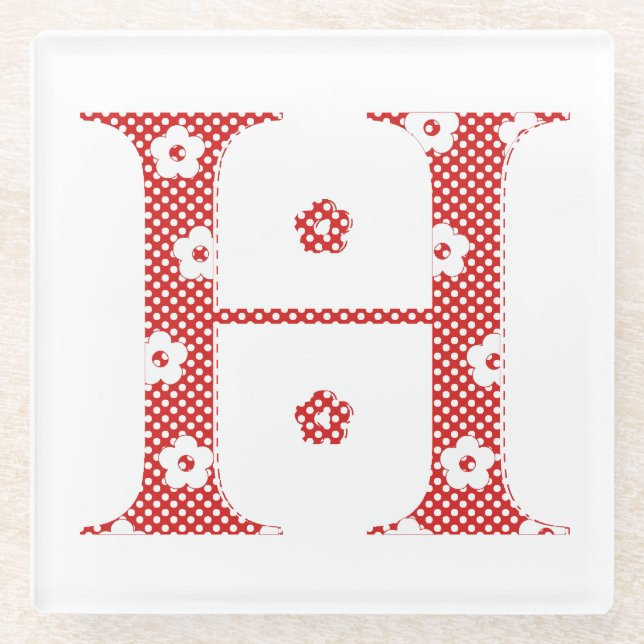 Flower Pattern Letter H (red) Glass Coaster (Front)