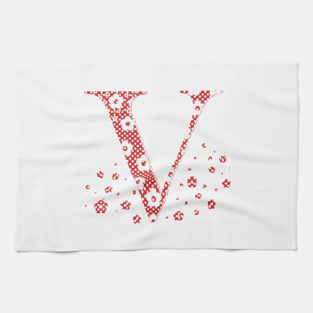 Flower Pattern Letter V(red) Tea Towel (Horizontal)