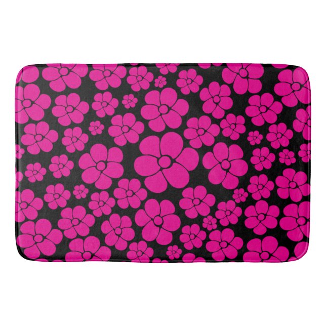 Flower Pattern - Magenta and Black Bath Mat (Front)