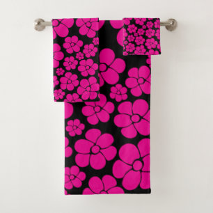 Flower Pattern - Magenta and Black Bath Towel Set
