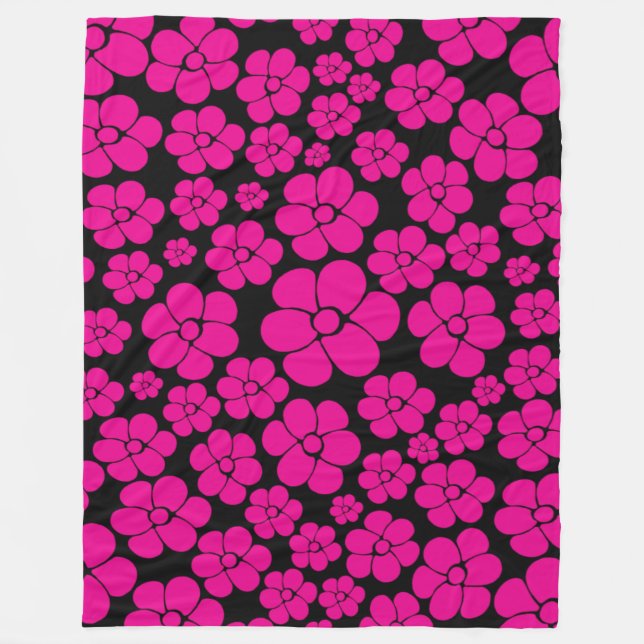 Flower Pattern - Magenta and Black Fleece Blanket (Front)