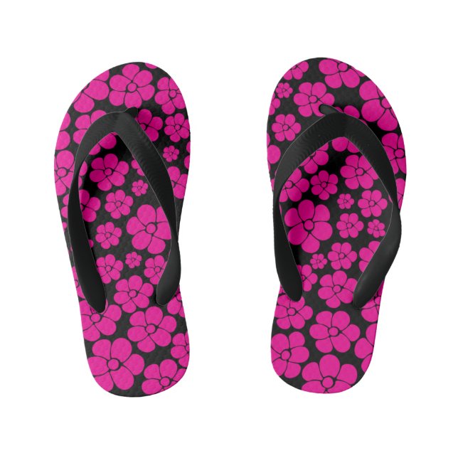 Flower Pattern - Magenta and Black  Kid's Flip Flops (Footbed)