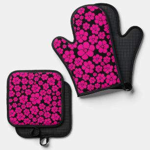 Flower Pattern - Magenta and Black  Oven Mitt & Pot Holder Set