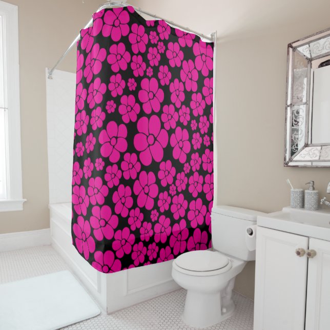 Flower Pattern - Magenta and Black Shower Curtain (In Situ)