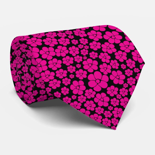 Flower Pattern - Magenta and Black  Tie (Rolled)