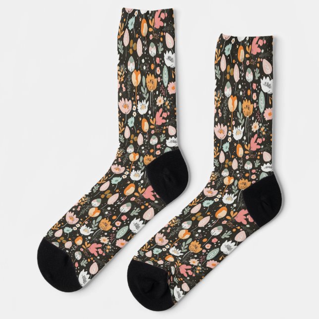 Flower Pattern on Black Socks (Left)