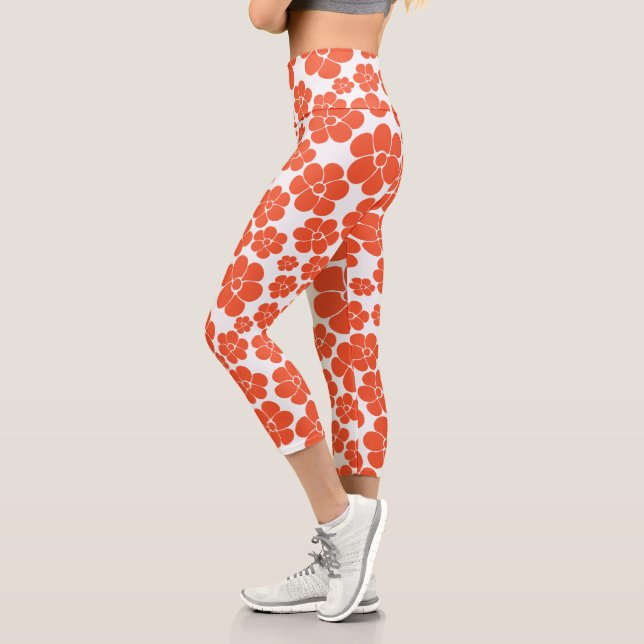 Flower Pattern - Orange and White Capri Leggings (Left)