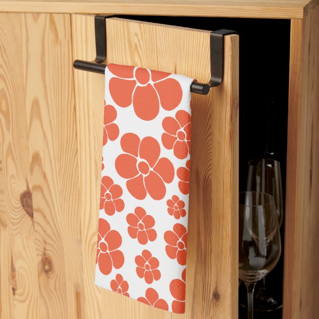 Flower Pattern - Orange and White Tea Towel (Thirds Fold)