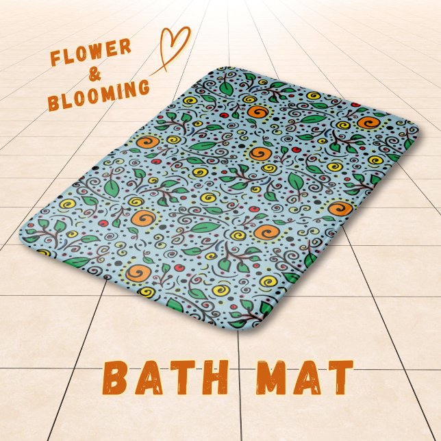 Flower Pattern orange Swirl Berry on Teal -  Bath Mat (Creator Uploaded)