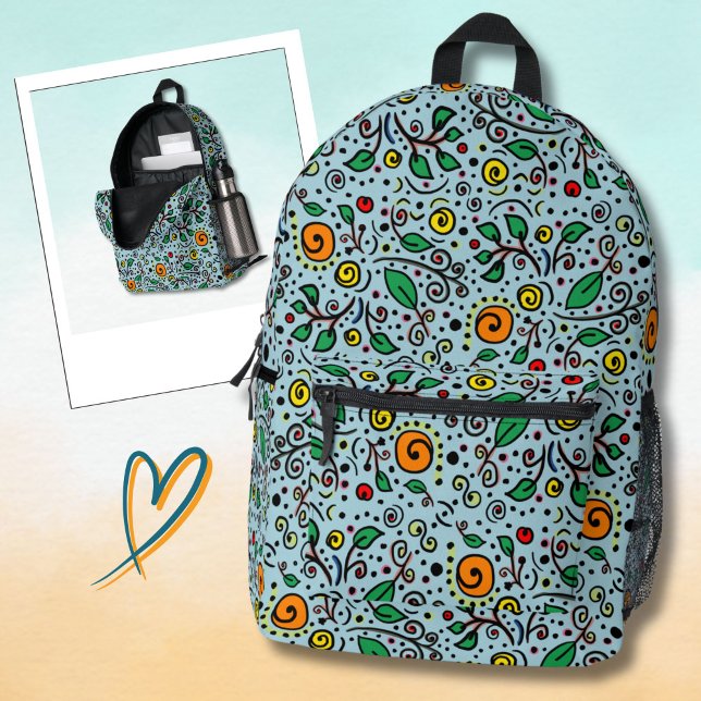 Flower Pattern orange Swirl Berry on Teal -  Printed Backpack (Creator Uploaded)