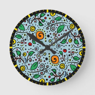 Flower Pattern orange Swirl Berry on Teal -  Round Clock