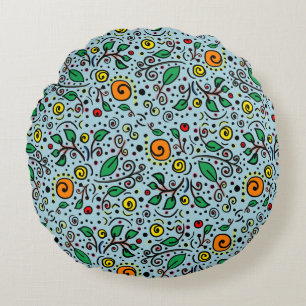 Flower Pattern orange Swirl Berry on Teal - Round Cushion