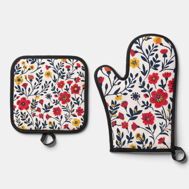 Flower pattern oven mitt & pot holder set (Front)