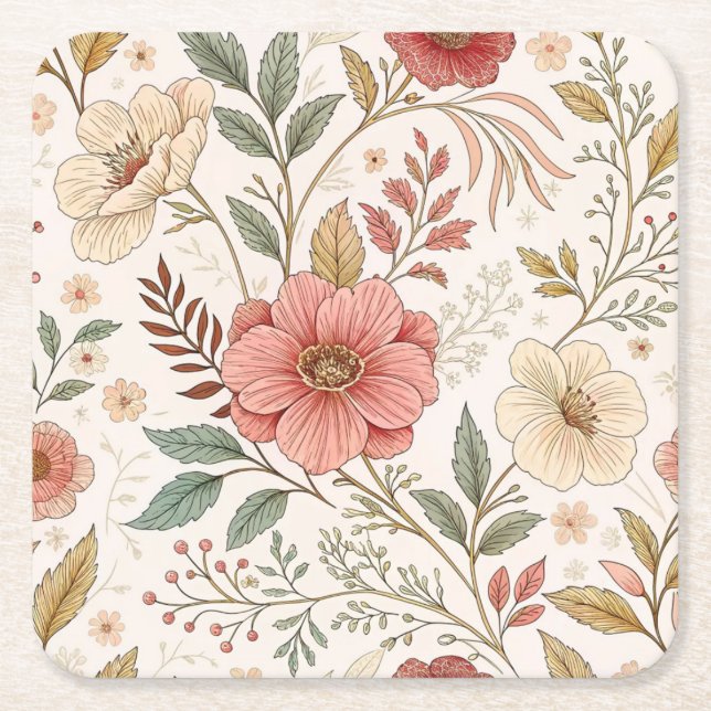 Flower Pattern Pastel Colour Square Paper Coaster (Front)
