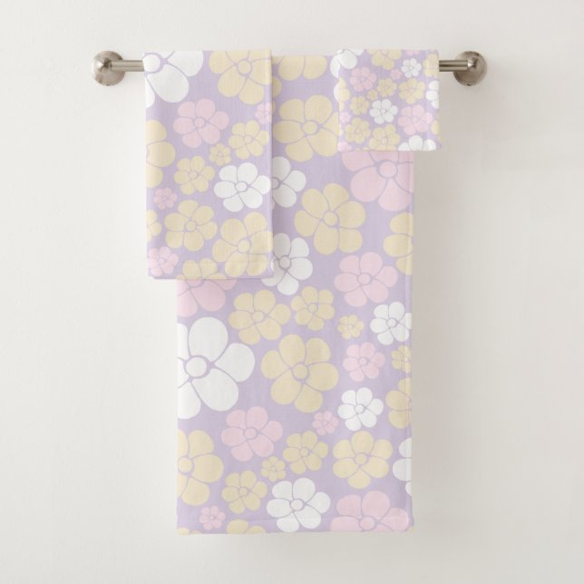 Flower Pattern - Pastel Pink, Yellow and Purple Bath Towel Set (Insitu)