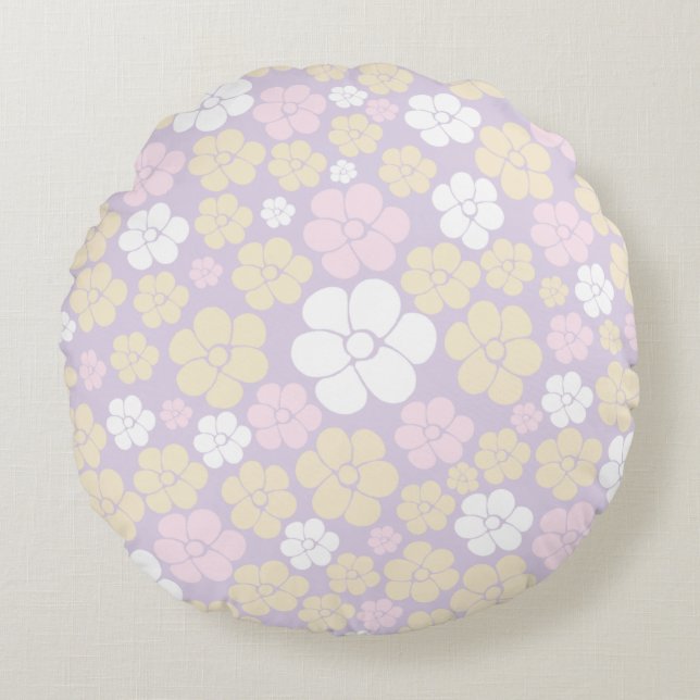 Flower Pattern - Pastel Pink, Yellow and Purple Round Cushion (Front)
